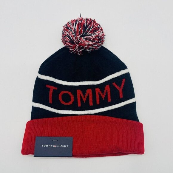 Tommy Hilfiger Men’s Beanie With Cuff And Top Knot Pom in Blue Red & White $42 - Picture 1 of 4